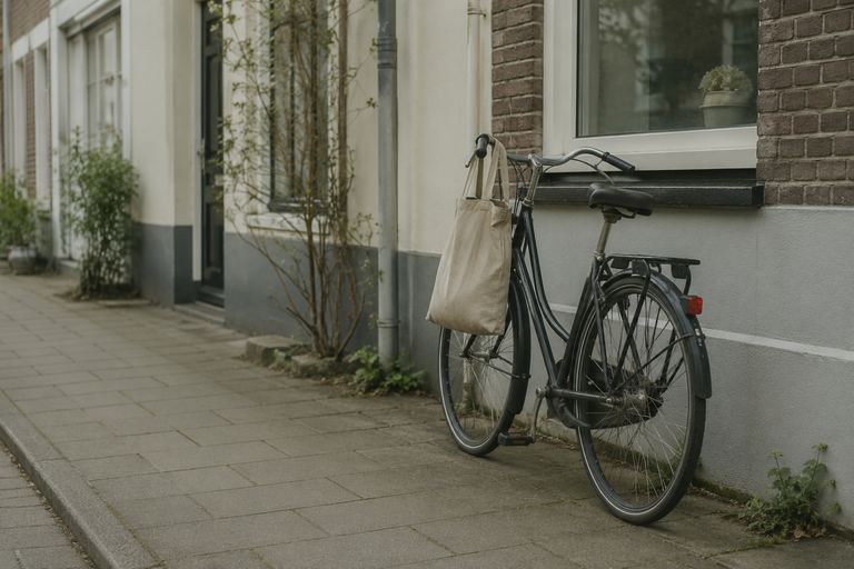 Een stadsfiets met een tas aan het stuur staat tegen een gevel in een Nederlandse straat.