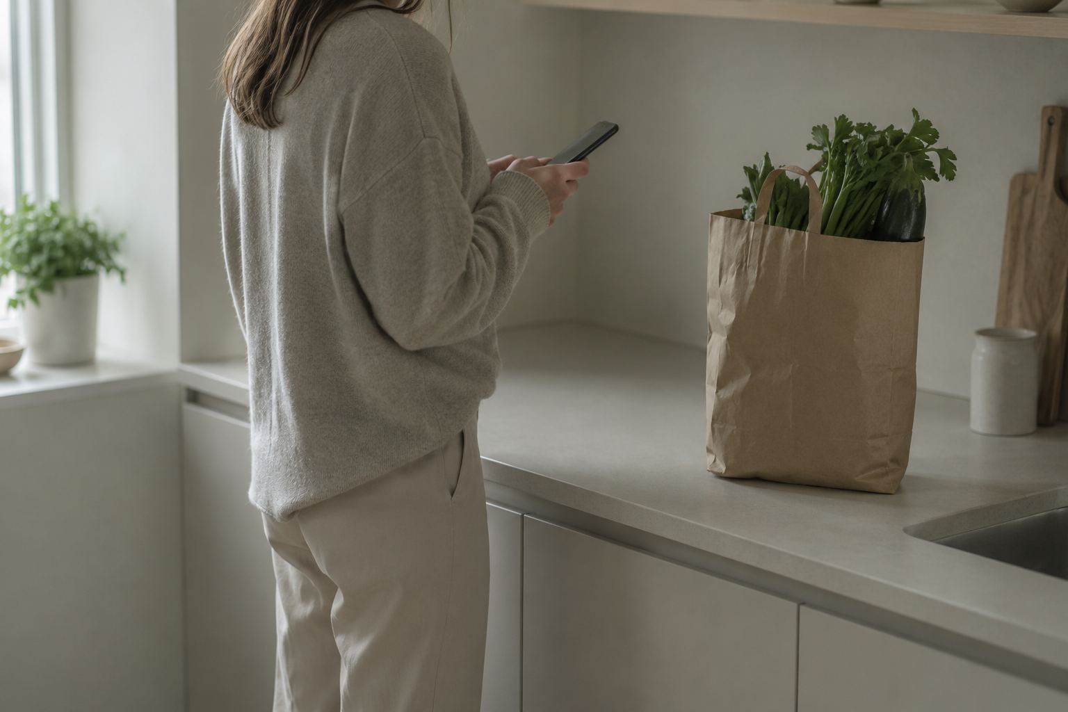 Iemand staat in een keuken met een telefoon in de hand, naast een tas met boodschappen op het aanrecht.