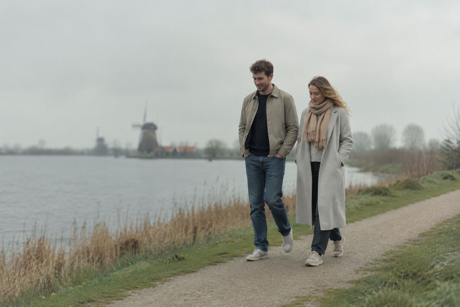 Twee mensen wandelen in gewone kleren over een pad langs het water op een grijze dag.